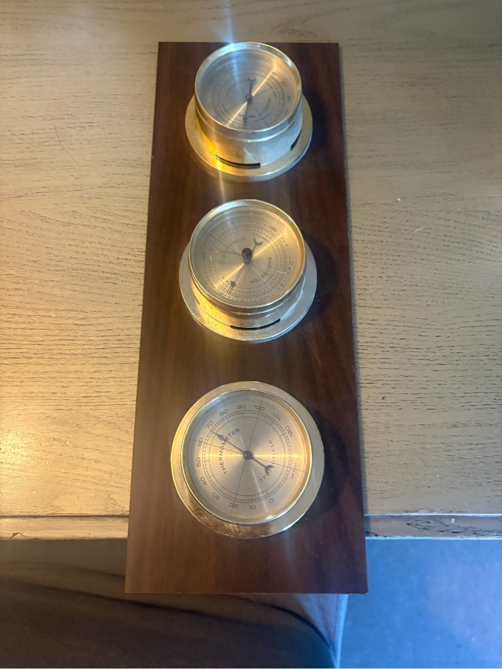Vintage Springfield Three-Dial Weather Station - Wood and Brass